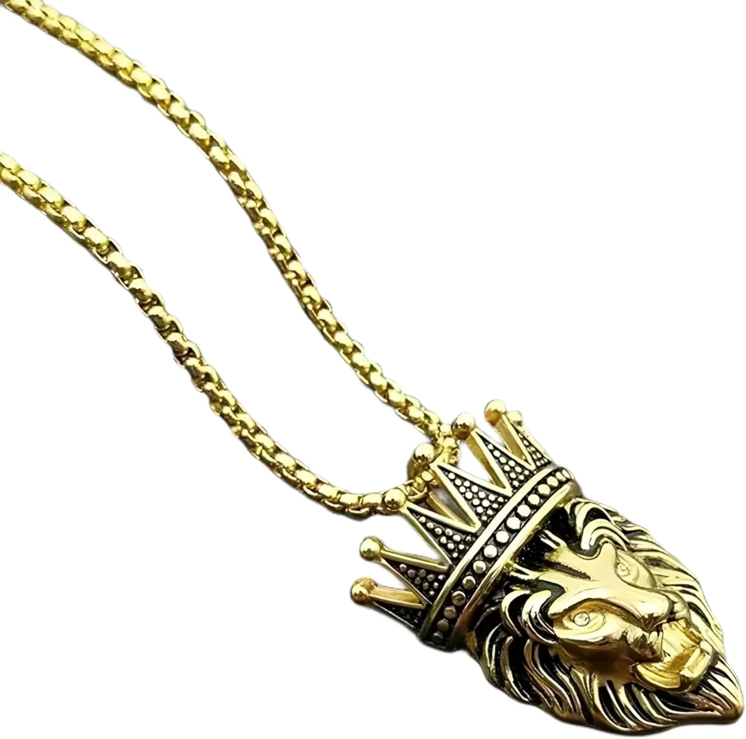 Hip Hop Rock Gold Silver Color Stainless Steel Crown Lion Pendants Necklaces for Men Rapper Jewelry -T60