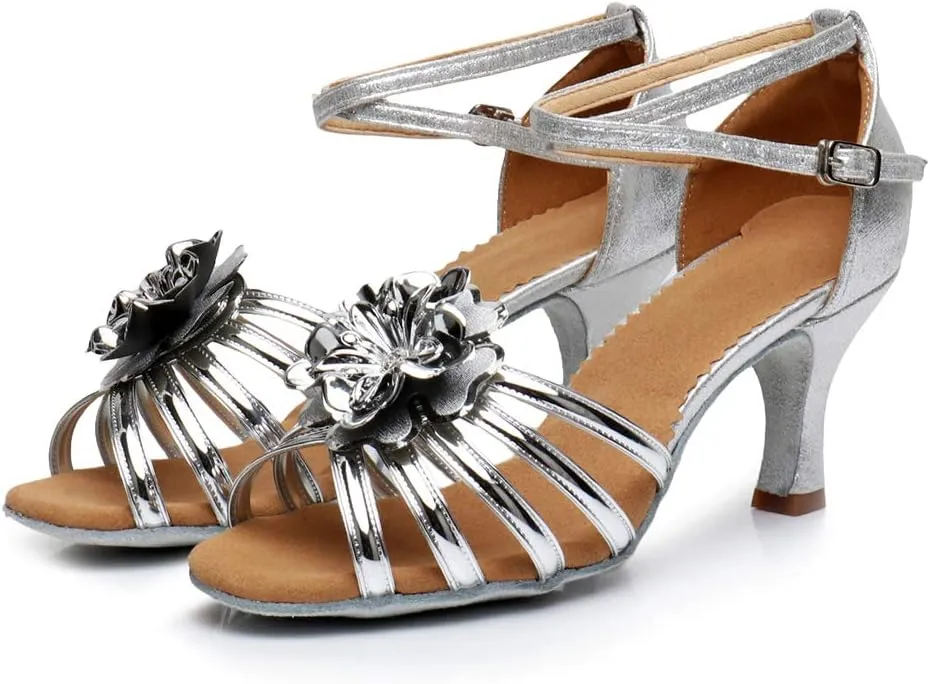 HIPPOSEUS Women Glitter Latin Dance Shoes Performance Ballroom Dance Shoes Flower Dancing Sandals, MF1825