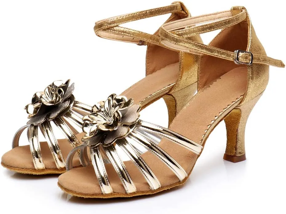HIPPOSEUS Women Glitter Latin Dance Shoes Performance Ballroom Dance Shoes Flower Dancing Sandals, MF1825