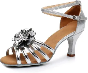 HIPPOSEUS Women Glitter Latin Dance Shoes Performance Ballroom Dance Shoes Flower Dancing Sandals, MF1825