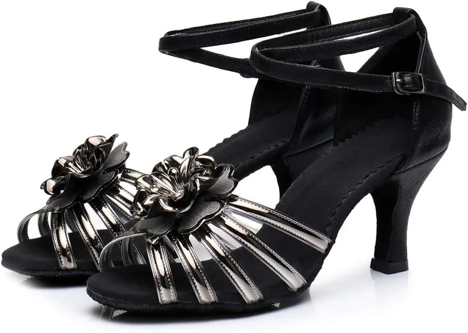 HIPPOSEUS Women Glitter Latin Dance Shoes Performance Ballroom Dance Shoes Flower Dancing Sandals, MF1825