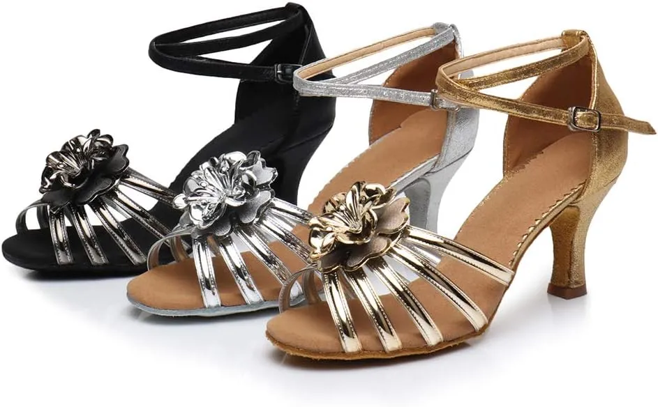 HIPPOSEUS Women Glitter Latin Dance Shoes Performance Ballroom Dance Shoes Flower Dancing Sandals, MF1825