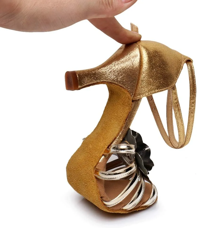 HIPPOSEUS Women Glitter Latin Dance Shoes Performance Ballroom Dance Shoes Flower Dancing Sandals, MF1825
