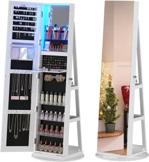HNEBC 360 Rotating Jewelry Cabinet with Lights, 63"H Standing Jewelry Armoire Organizer with Mirror, Full Length Mirror with Jewelry Storage, Lockable Lagre Jewelry Organizer Stand for Wonen (White)