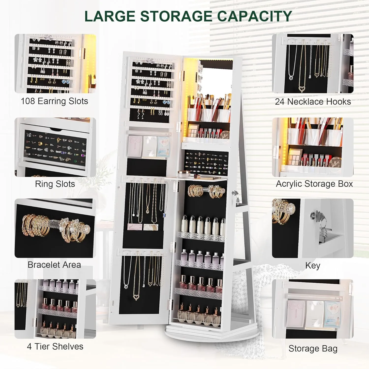 HNEBC 360 Rotating Jewelry Cabinet with Lights, 63"H Standing Jewelry Armoire Organizer with Mirror, Full Length Mirror with Jewelry Storage, Lockable Lagre Jewelry Organizer Stand for Wonen (White)