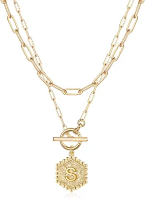 IEFWELL Layered Gold Necklaces for Women - 14K Gold Plated Silver Rose Gold Paperclip Chain Necklace Initial Necklaces for Women Toggle Clasp Layered Necklace Jewelry