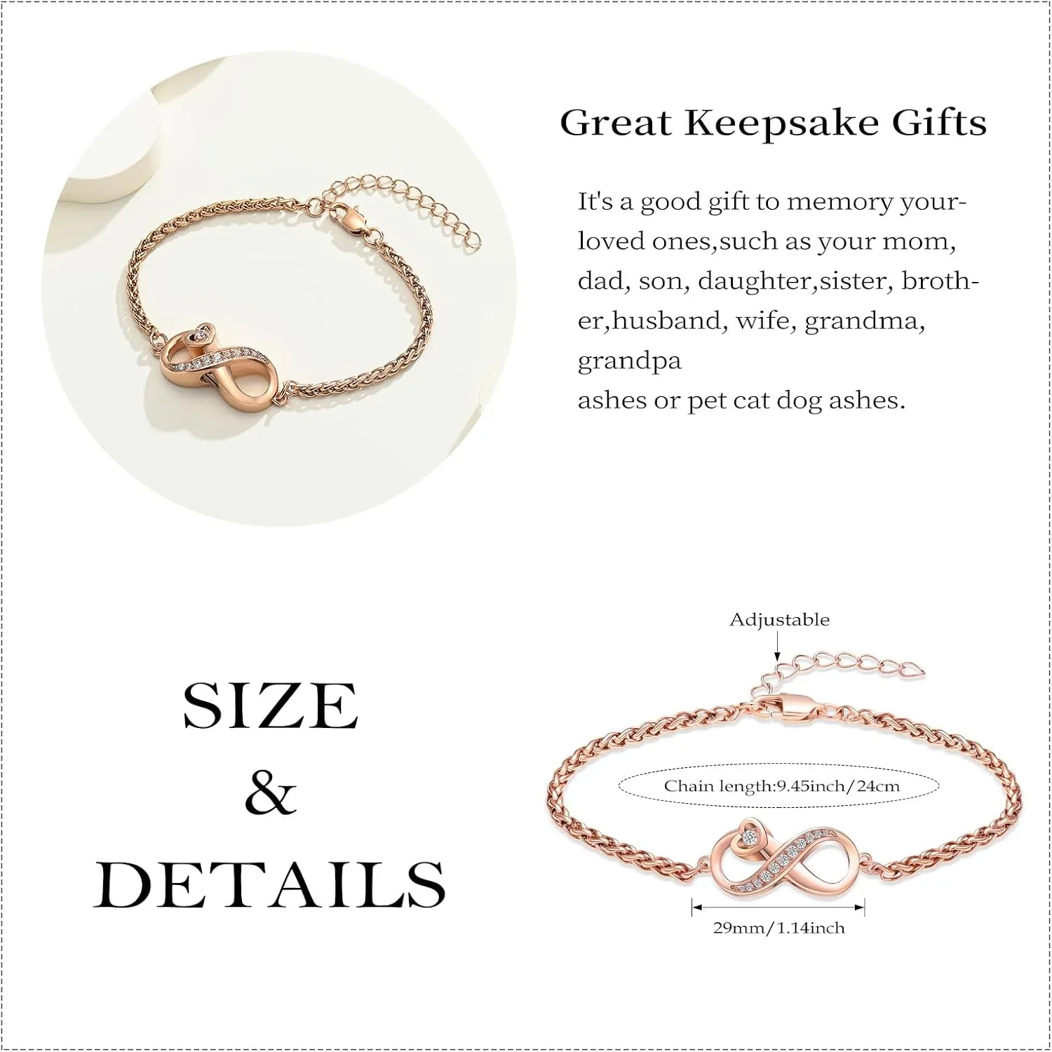 Infinity Urn Bracelet for Women Men Forever Love Cremation Jewelry for Ashes Link Bracelet Keepsake Memorial Urn Lockets for Human Ashes Urn Bangle Bracelet Jewellery