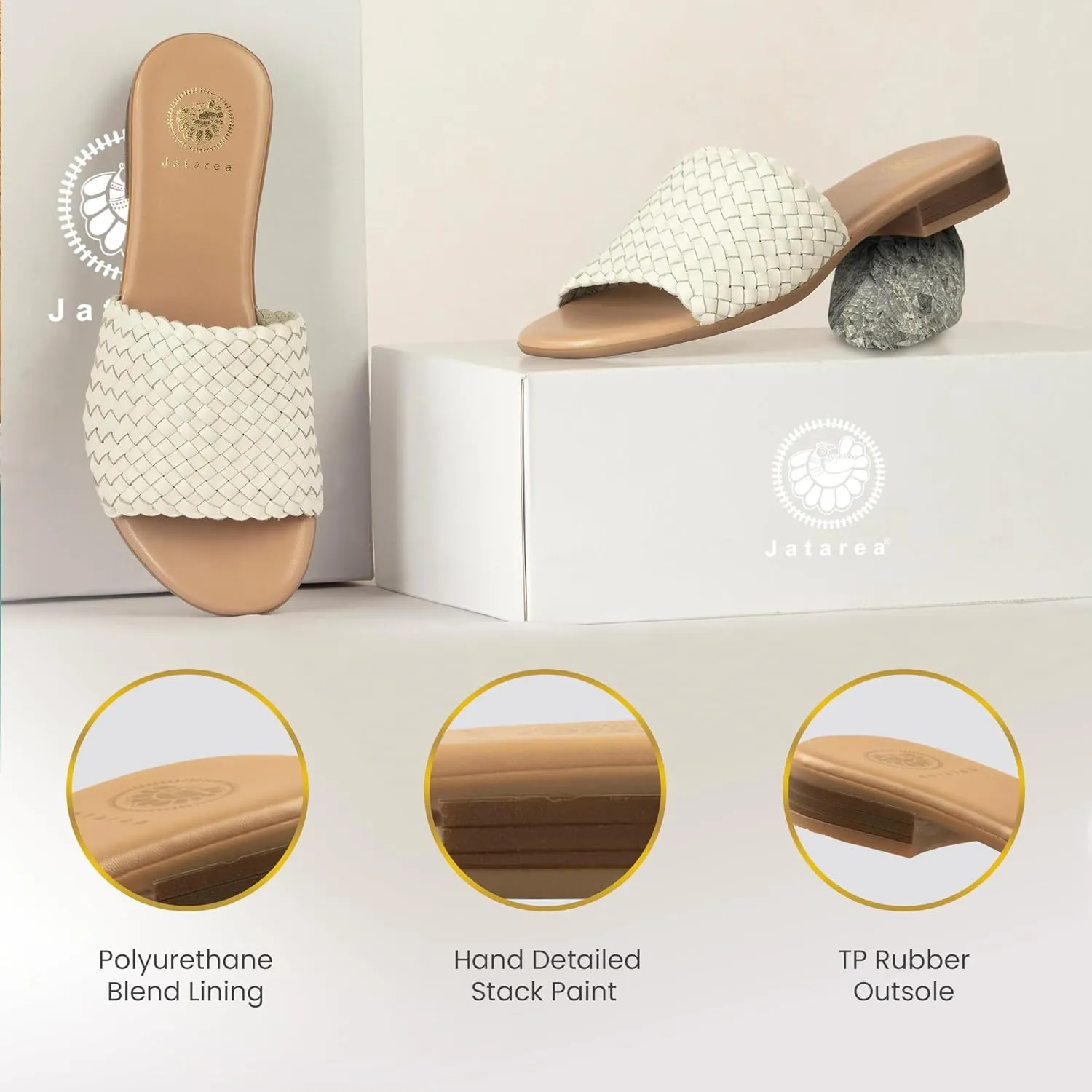 JATAREA Womens Slip-On Flat Sandals with Round Open Toe | Dressy Summer Slides for Women