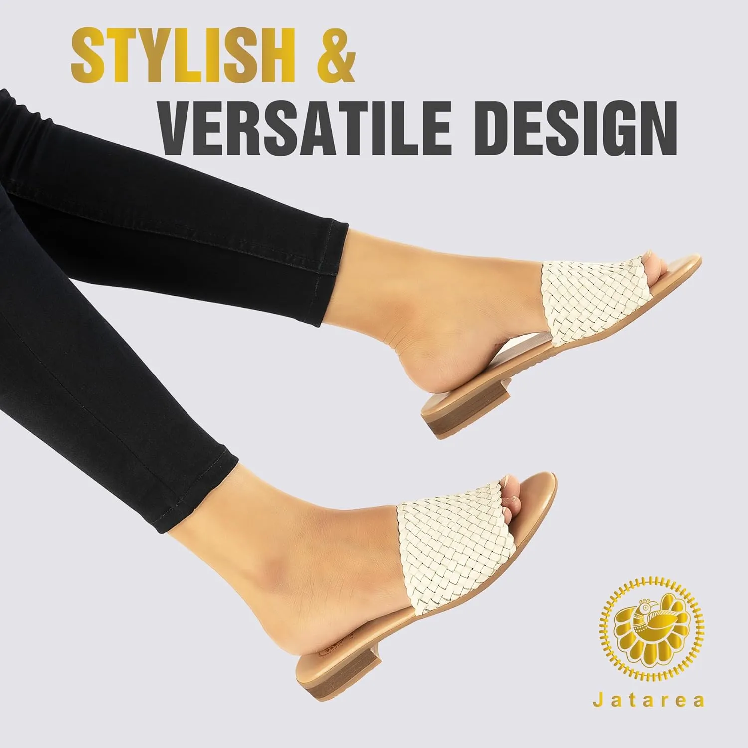 JATAREA Womens Slip-On Flat Sandals with Round Open Toe | Dressy Summer Slides for Women