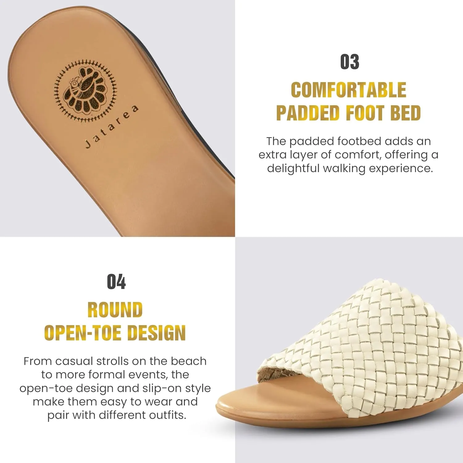 JATAREA Womens Slip-On Flat Sandals with Round Open Toe | Dressy Summer Slides for Women