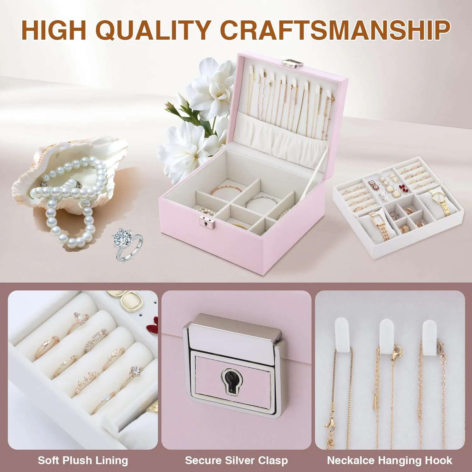 Jewelry Organizer Box for Girls Women,Large Genuine Leather Jewelry Organizers and Storage with Earring Holder Organizer Removable Velvet Jewelry Tray,Christmas Gifts Jewelry Box for Girls 8-12,Pink