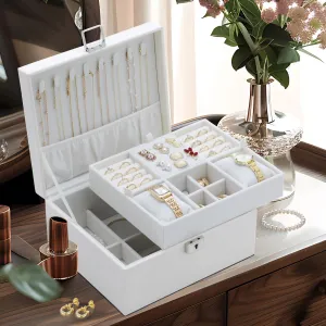 Jewelry Organizer Box for Girls Women,Large Genuine Leather Jewelry Organizers and Storage with Earring Holder Organizer Removable Velvet Jewelry Tray,Christmas Gifts Jewelry Box for Girls 8-12,White