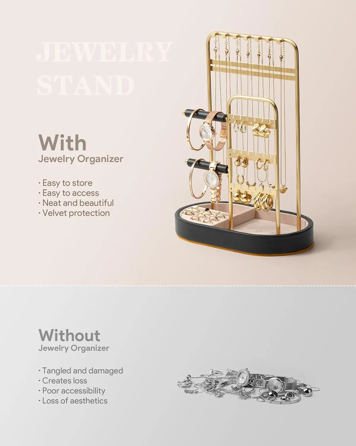 Jewelry Organizer, Jewelry Holder Gold with Metal Frame and Velvet Ring Tray Protect headdress from scratches, Women Jewelry Stand Organizer