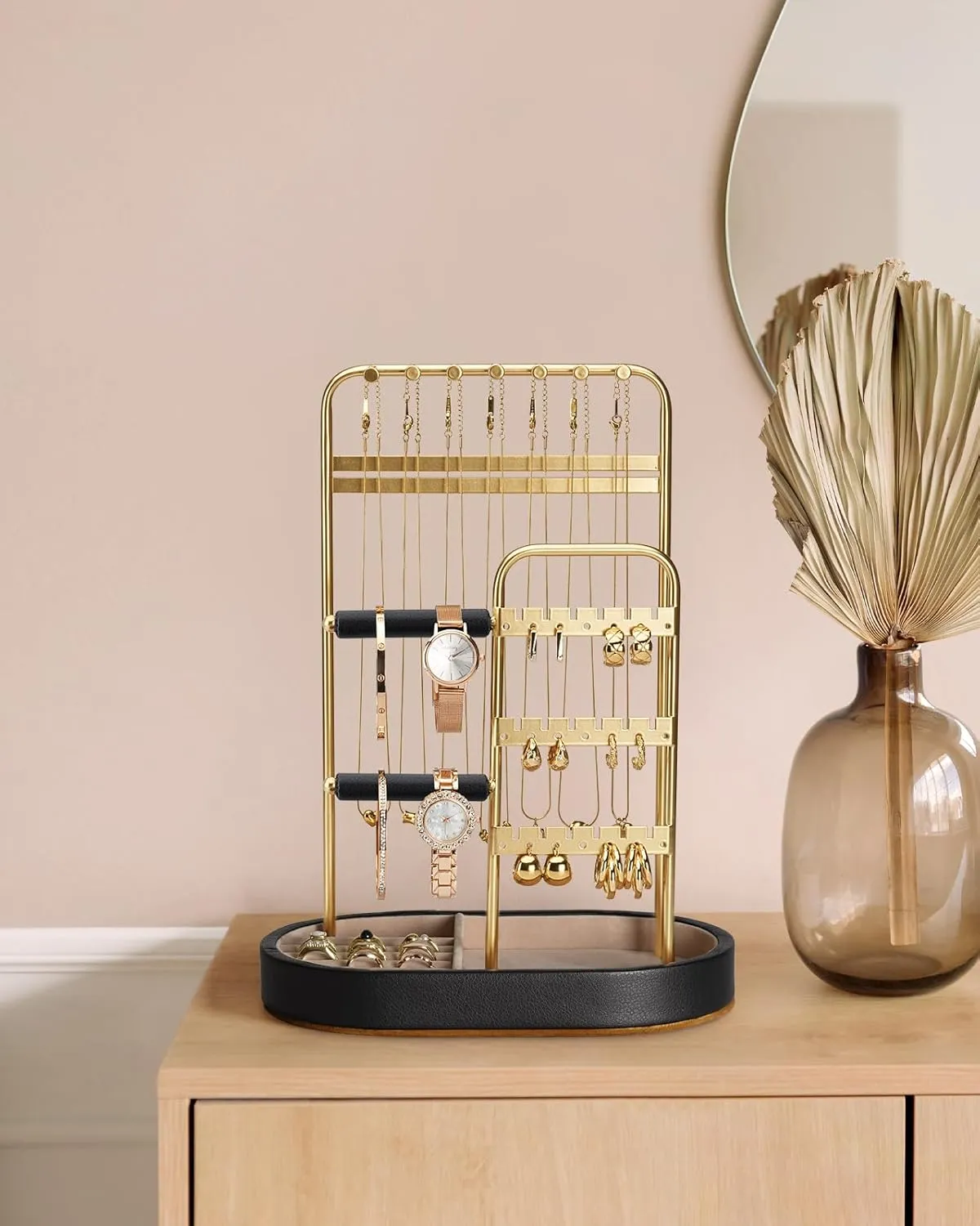 Jewelry Organizer, Jewelry Holder Gold with Metal Frame and Velvet Ring Tray Protect headdress from scratches, Women Jewelry Stand Organizer