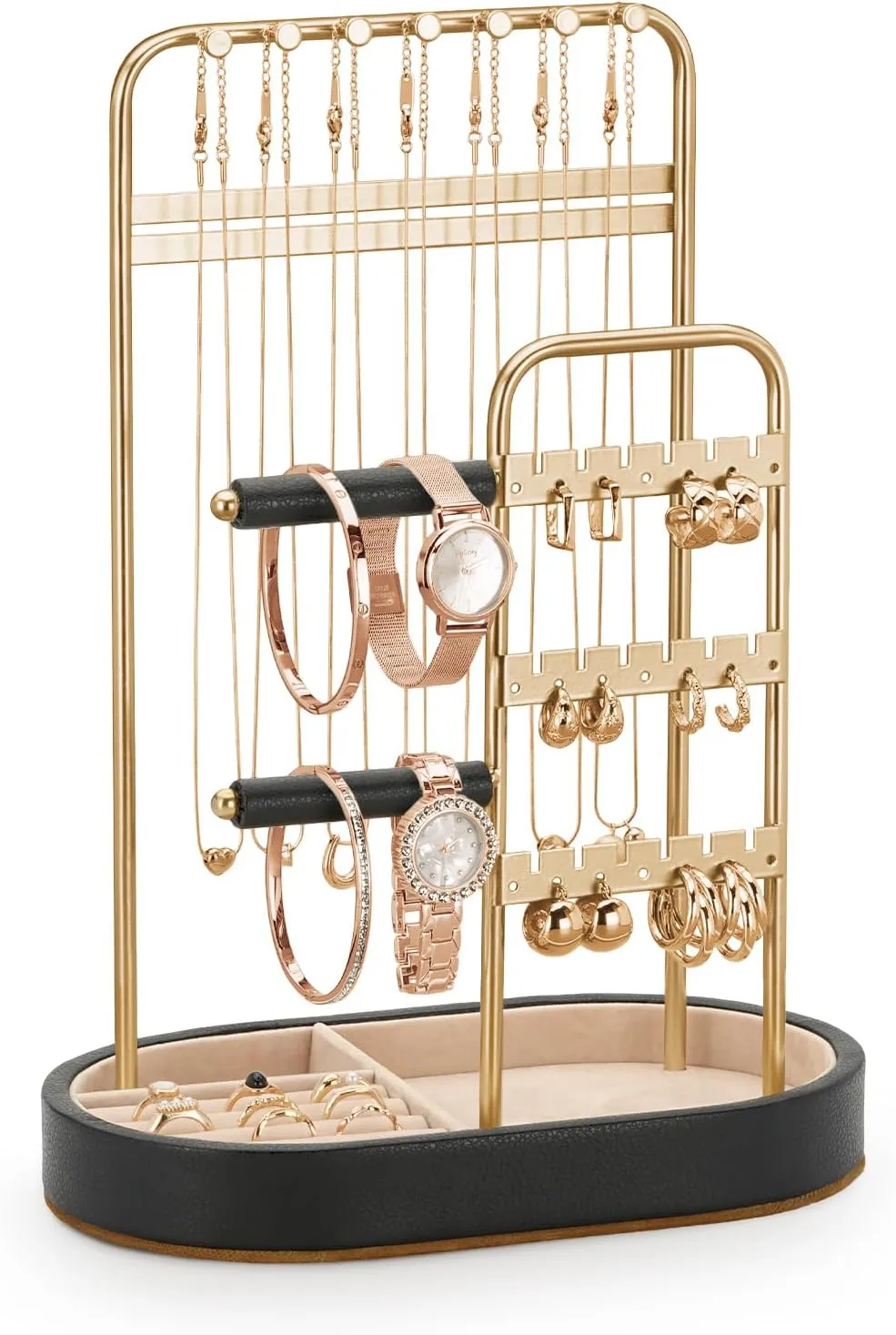 Jewelry Organizer, Jewelry Holder Gold with Metal Frame and Velvet Ring Tray Protect headdress from scratches, Women Jewelry Stand Organizer