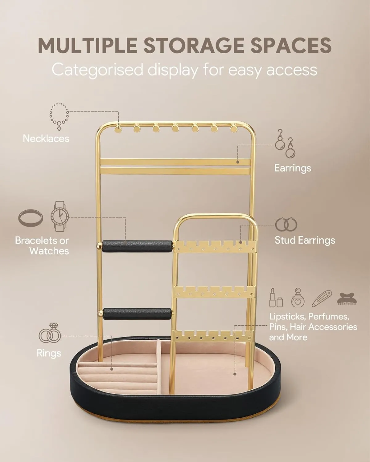 Jewelry Organizer, Jewelry Holder Gold with Metal Frame and Velvet Ring Tray Protect headdress from scratches, Women Jewelry Stand Organizer