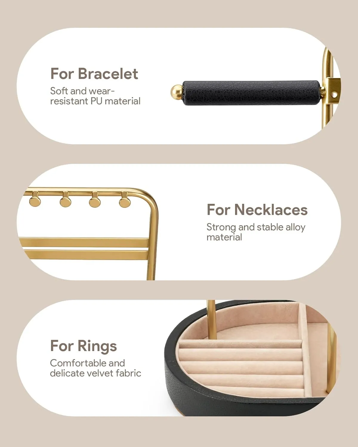 Jewelry Organizer, Jewelry Holder Gold with Metal Frame and Velvet Ring Tray Protect headdress from scratches, Women Jewelry Stand Organizer