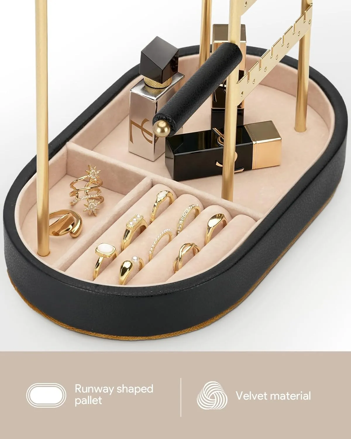 Jewelry Organizer, Jewelry Holder Gold with Metal Frame and Velvet Ring Tray Protect headdress from scratches, Women Jewelry Stand Organizer