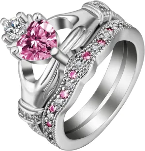 Jewelry Ring Set, Rings Jewelry 2Pcs Copper Ring Set with Claddagh Heart Shaped Cubic Zirconia Wedding Jewelry Ring Gifts for Women