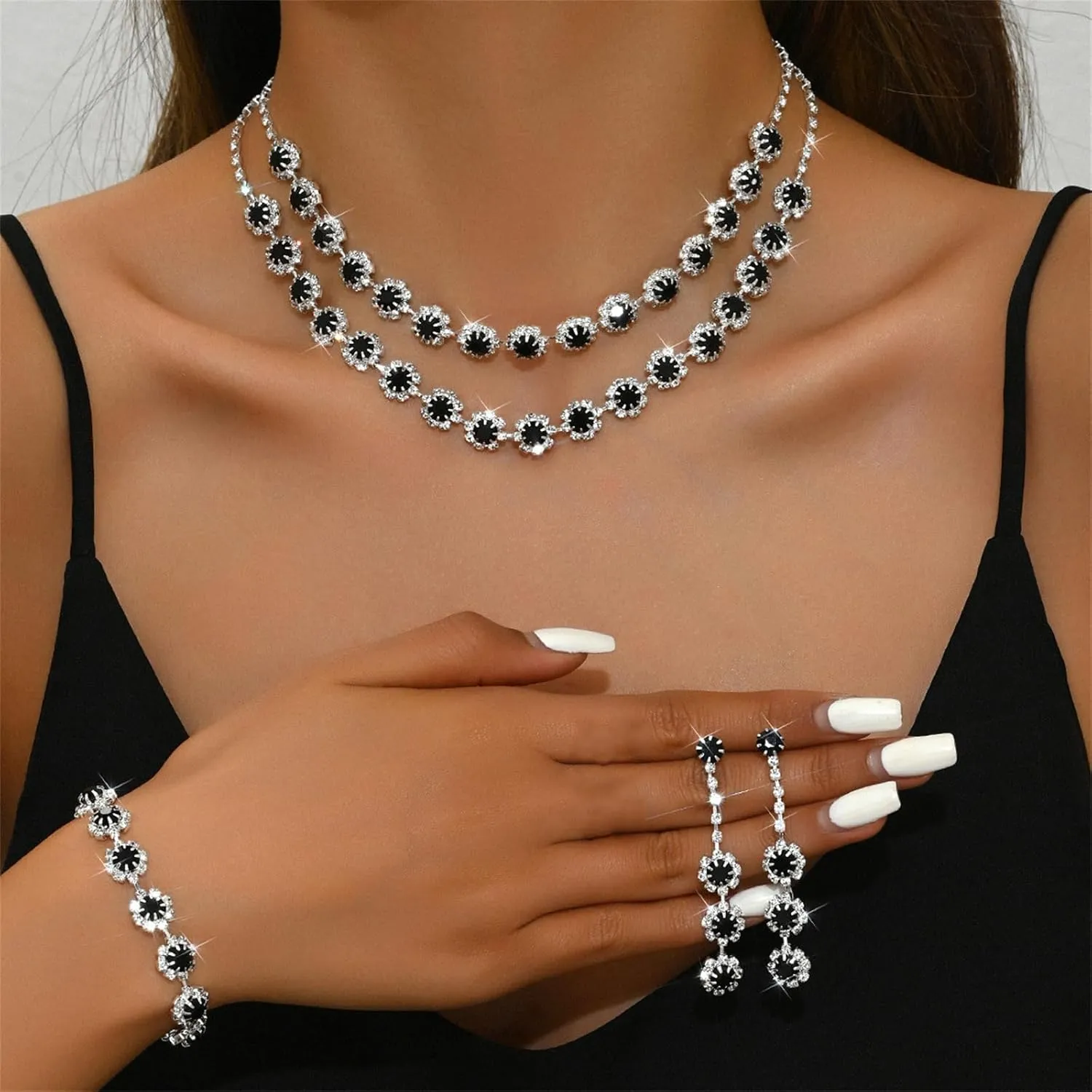 Jewelry Set Wedding Jewelry Sets for Women,Rhinestone Crystal Statement Choker Necklace Earrings Bracelet Set Bridal Wedding Prom Jewelry Set Accessories