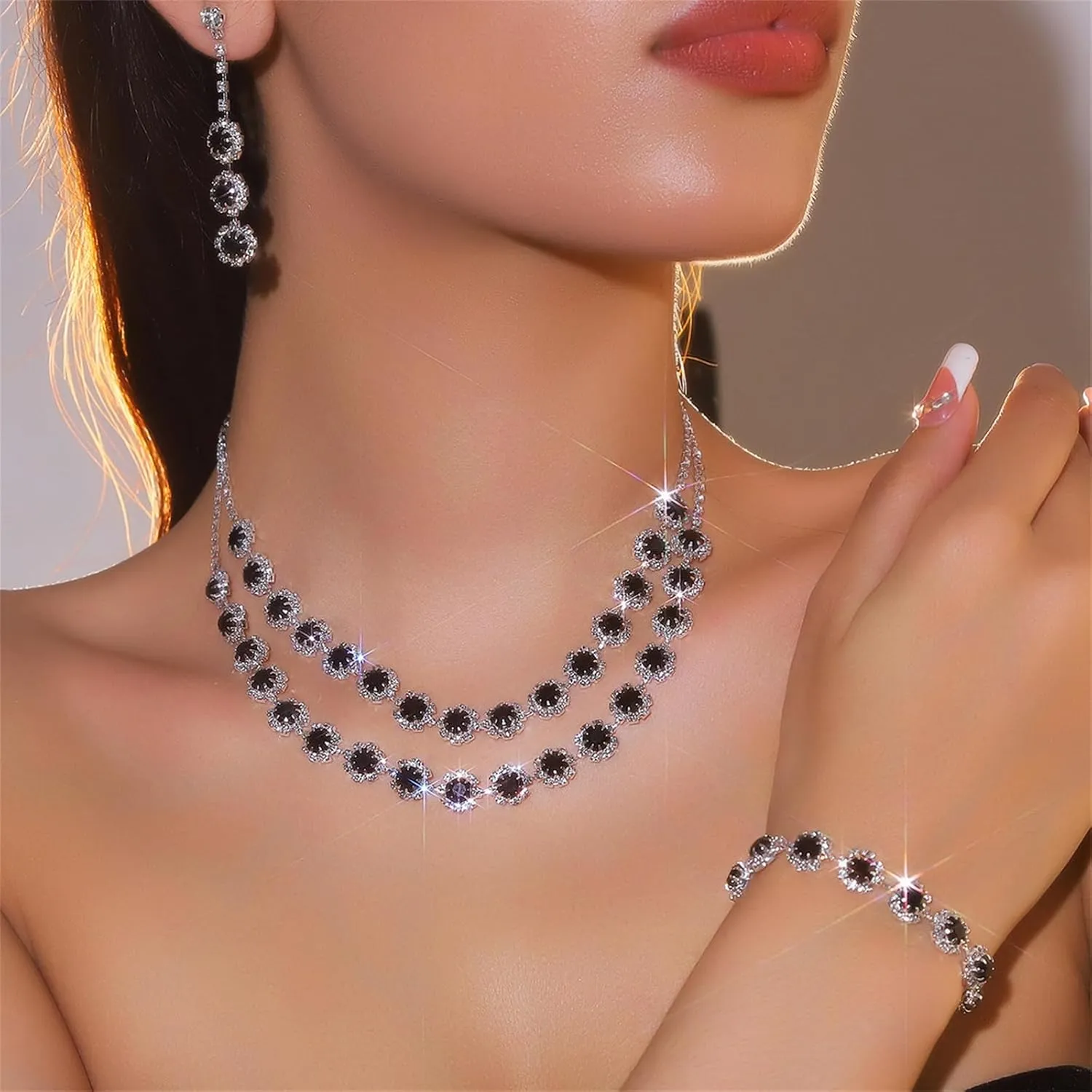 Jewelry Set Wedding Jewelry Sets for Women,Rhinestone Crystal Statement Choker Necklace Earrings Bracelet Set Bridal Wedding Prom Jewelry Set Accessories