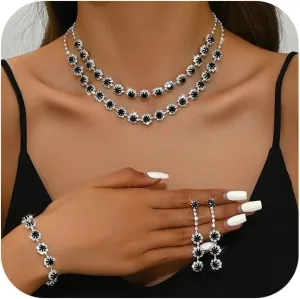 Jewelry Set Wedding Jewelry Sets for Women,Rhinestone Crystal Statement Choker Necklace Earrings Bracelet Set Bridal Wedding Prom Jewelry Set Accessories