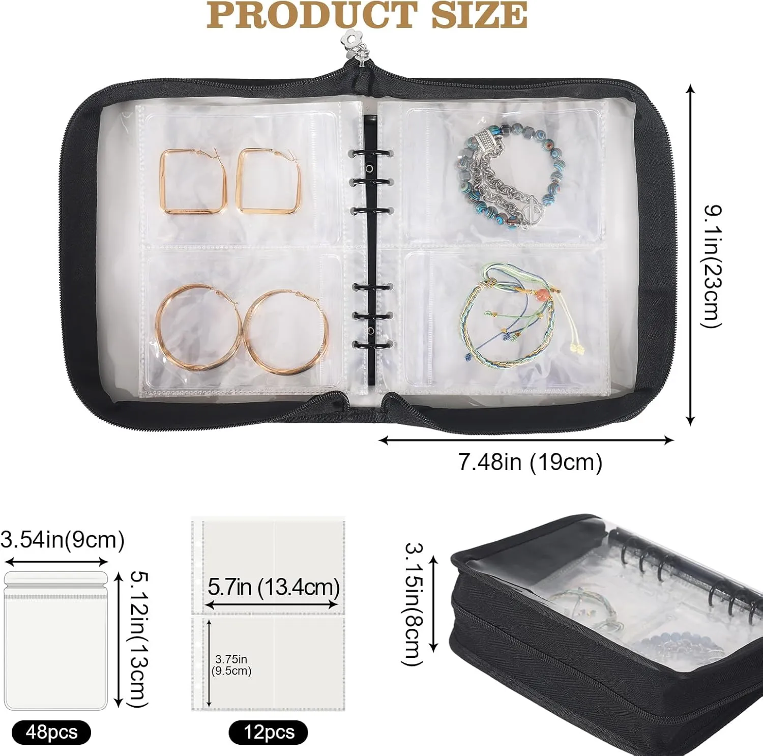 Jewelry Storage Book Organizer Travel Transparent Earring Storage Book Jewelry Binder for Necklace, Ring, Earring, Storage (Black, 48Pcs Large Jewelry Pouches)