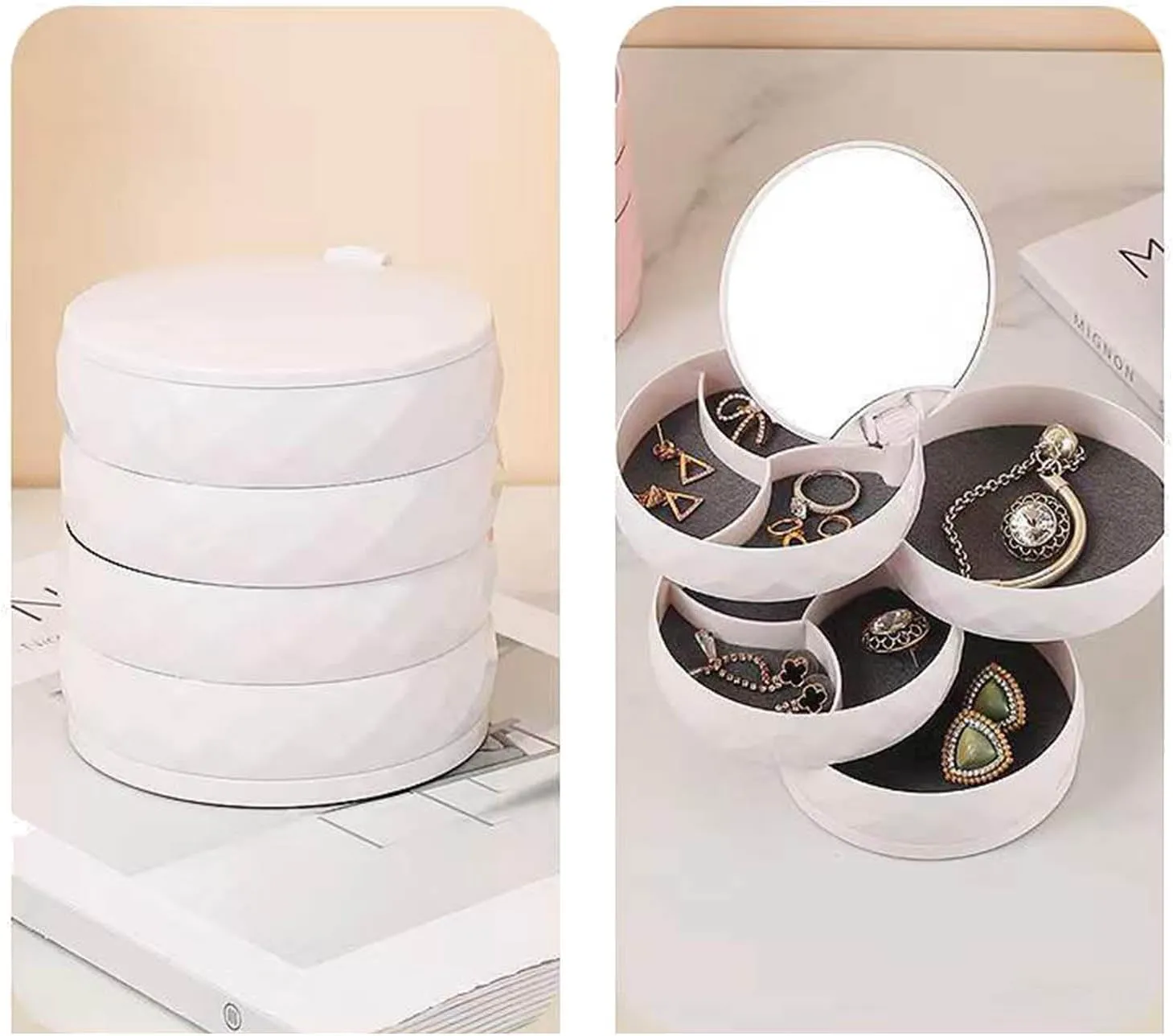 Jewelry Storage Box Rotating Jewelry Organizer Large Capacity MultiLayer Jewelry Storage For Women Girl Round Earring Holder Home Display, 10x10cm, White