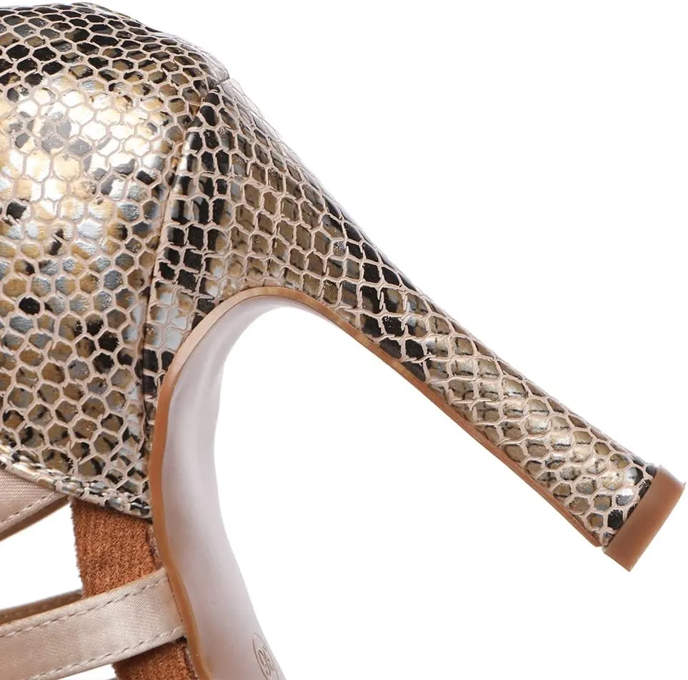 JUODVMP Latin Dance Shoes Women Ribbon Dance Shoes Snakeskin Party High Heel Shoes Model YCL550