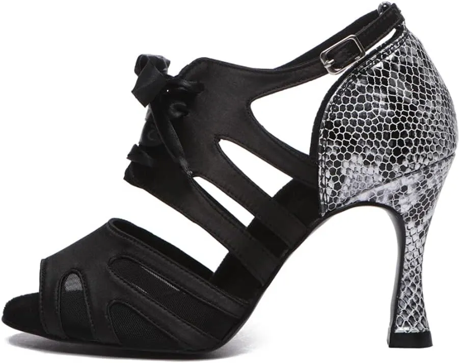 JUODVMP Latin Dance Shoes Women Ribbon Dance Shoes Snakeskin Party High Heel Shoes Model YCL550