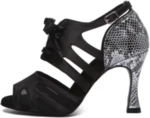 JUODVMP Latin Dance Shoes Women Ribbon Dance Shoes Snakeskin Party High Heel Shoes Model YCL550