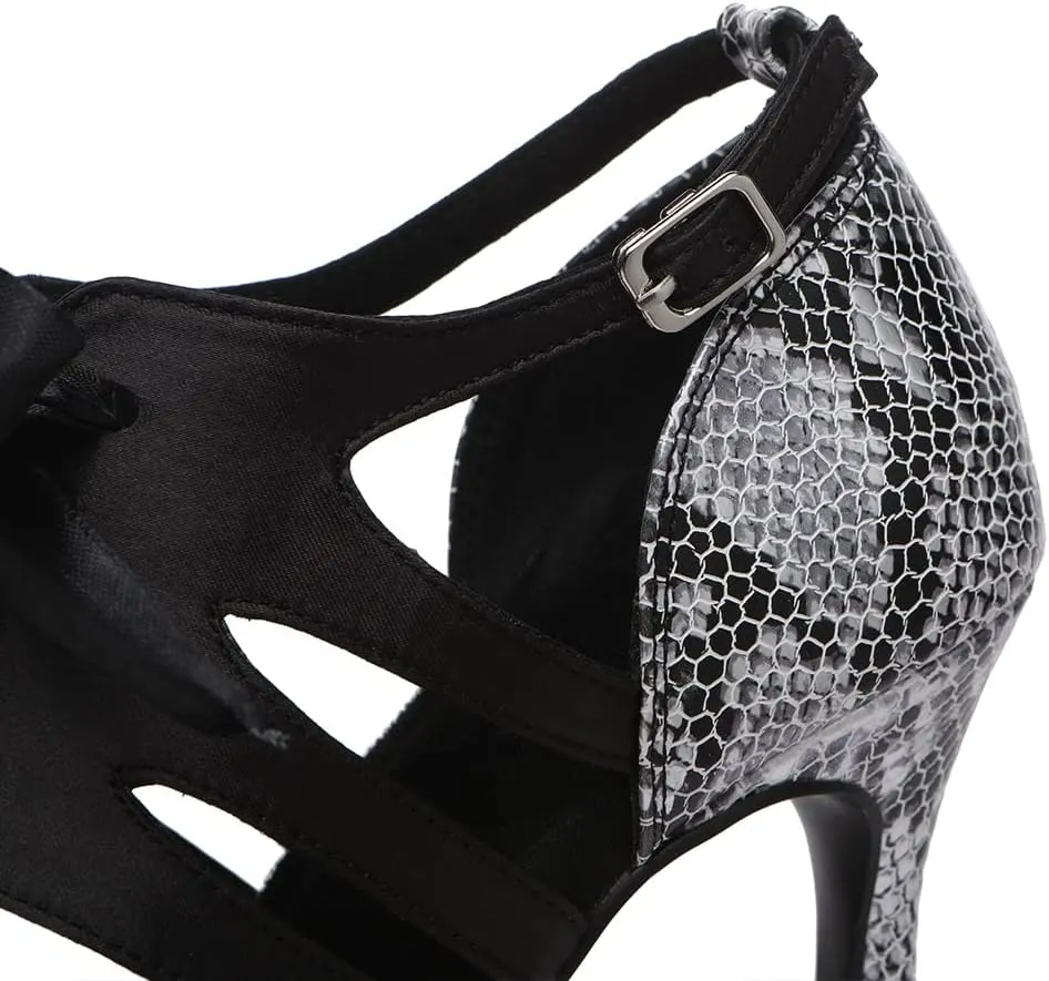 JUODVMP Latin Dance Shoes Women Ribbon Dance Shoes Snakeskin Party High Heel Shoes Model YCL550