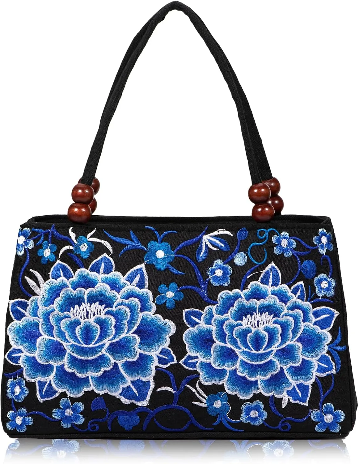 Jursccu Double-Sided Embroidery Totes Bag Travel Beach Bag Vintage Embroidery Ethnic Shoulder Bags