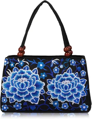 Jursccu Double-Sided Embroidery Totes Bag Travel Beach Bag Vintage Embroidery Ethnic Shoulder Bags
