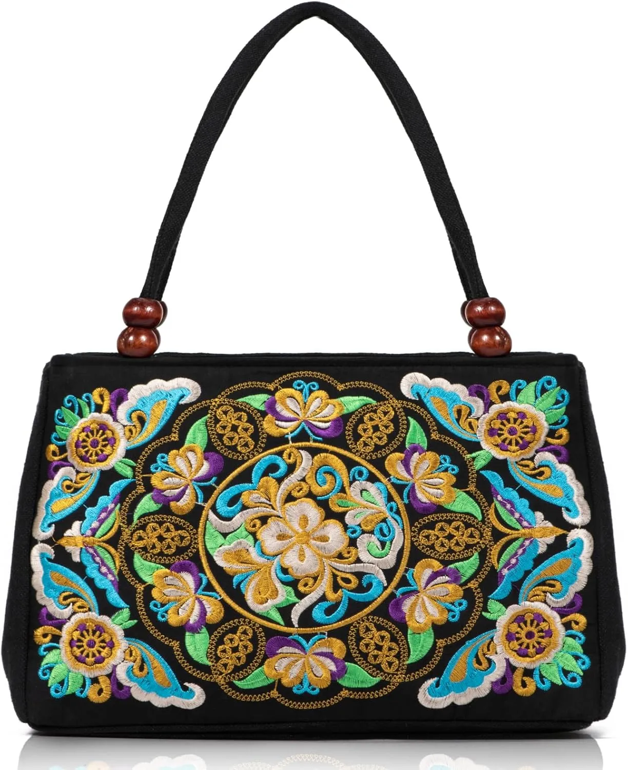 Jursccu Double-Sided Embroidery Totes Bag Travel Beach Bag Vintage Embroidery Ethnic Shoulder Bags