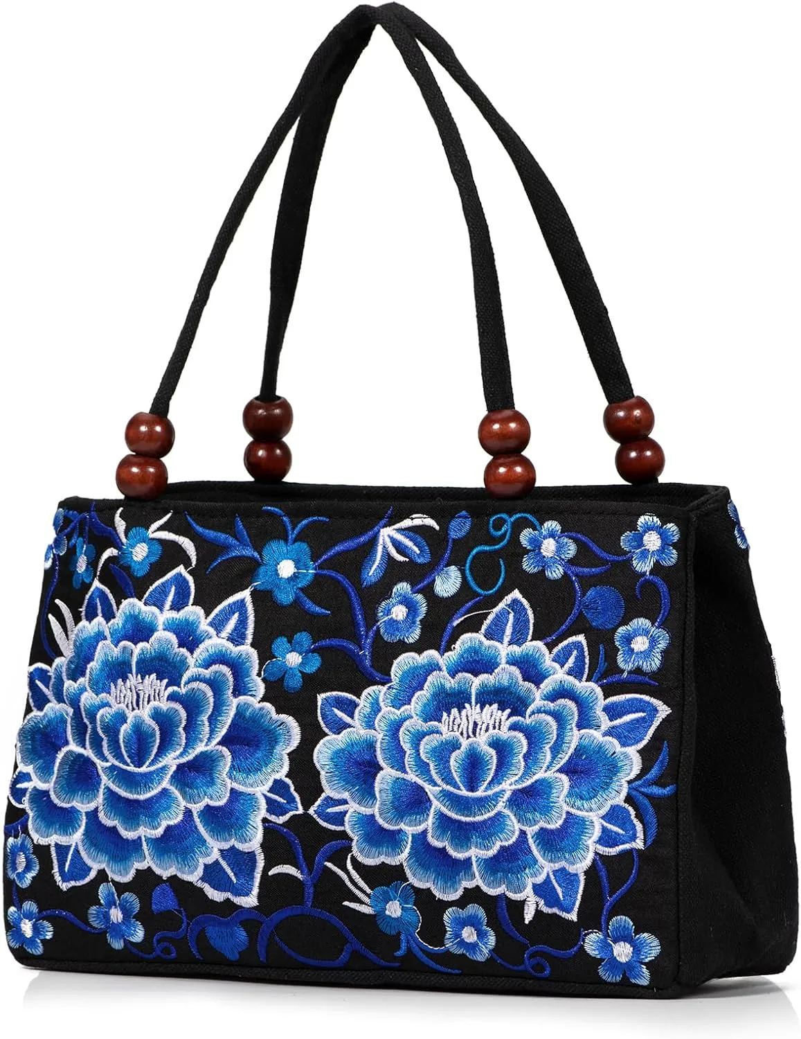 Jursccu Double-Sided Embroidery Totes Bag Travel Beach Bag Vintage Embroidery Ethnic Shoulder Bags