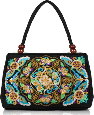 Jursccu Double-Sided Embroidery Totes Bag Travel Beach Bag Vintage Embroidery Ethnic Shoulder Bags