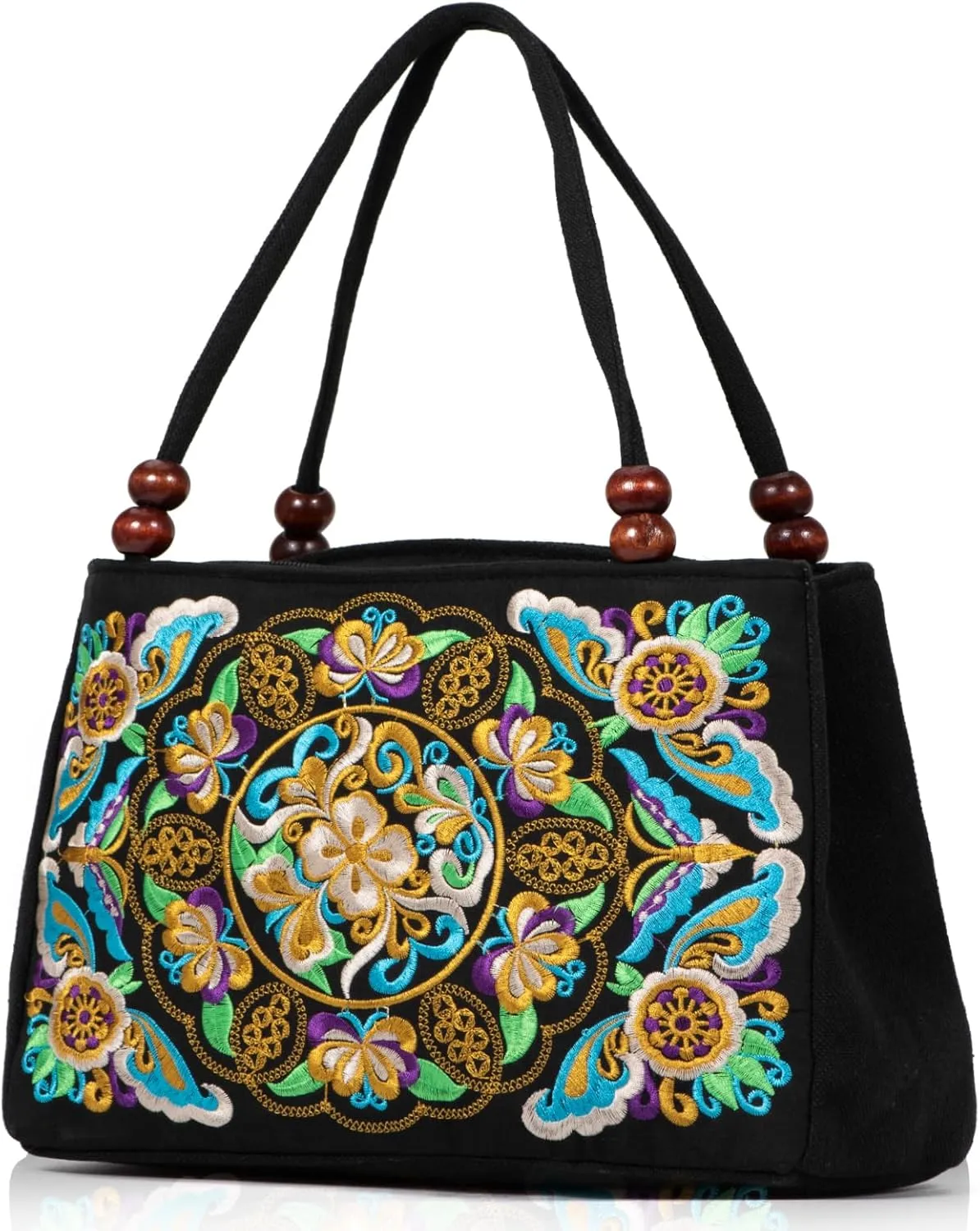 Jursccu Double-Sided Embroidery Totes Bag Travel Beach Bag Vintage Embroidery Ethnic Shoulder Bags
