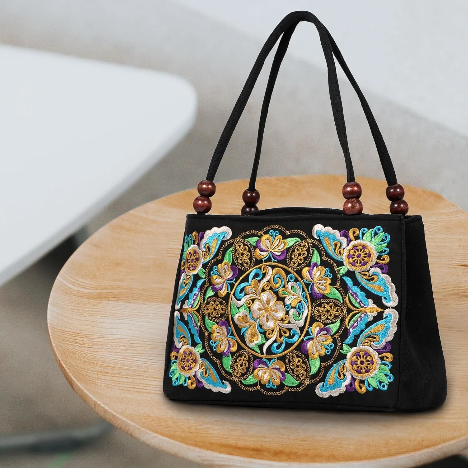 Jursccu Double-Sided Embroidery Totes Bag Travel Beach Bag Vintage Embroidery Ethnic Shoulder Bags