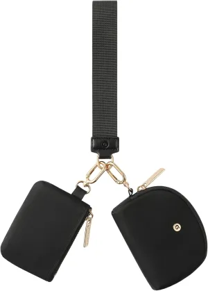 Keychain Wallet Mini Zip Around Wristlet Wallets for Women Detachable Dual Pouch Wristlet Portable Coin Purse Small Wallets With RFID Blocking (Black & Gold Hardware)