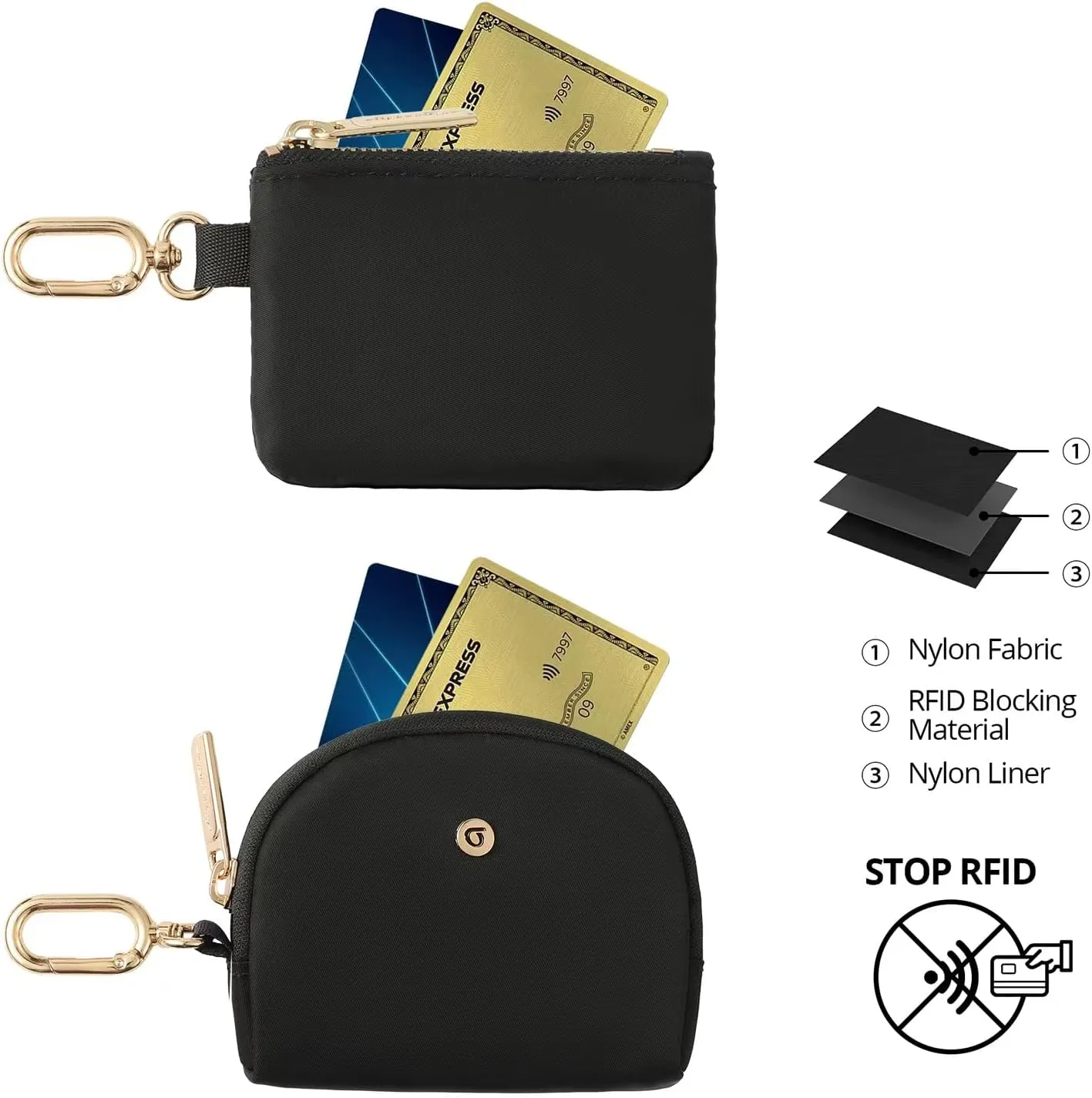 Keychain Wallet Mini Zip Around Wristlet Wallets for Women Detachable Dual Pouch Wristlet Portable Coin Purse Small Wallets With RFID Blocking (Black & Gold Hardware)