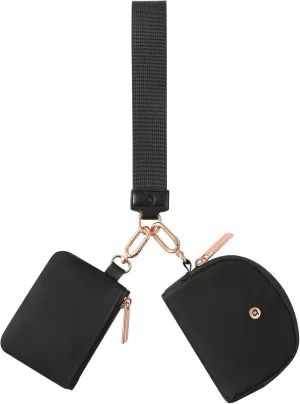 Keychain Wallet Mini Zip Around Wristlet Wallets for Women Detachable Dual Pouch Wristlet Portable Coin Purse Small Wallets With RFID Blocking (Black & Rose Gold Hardware)