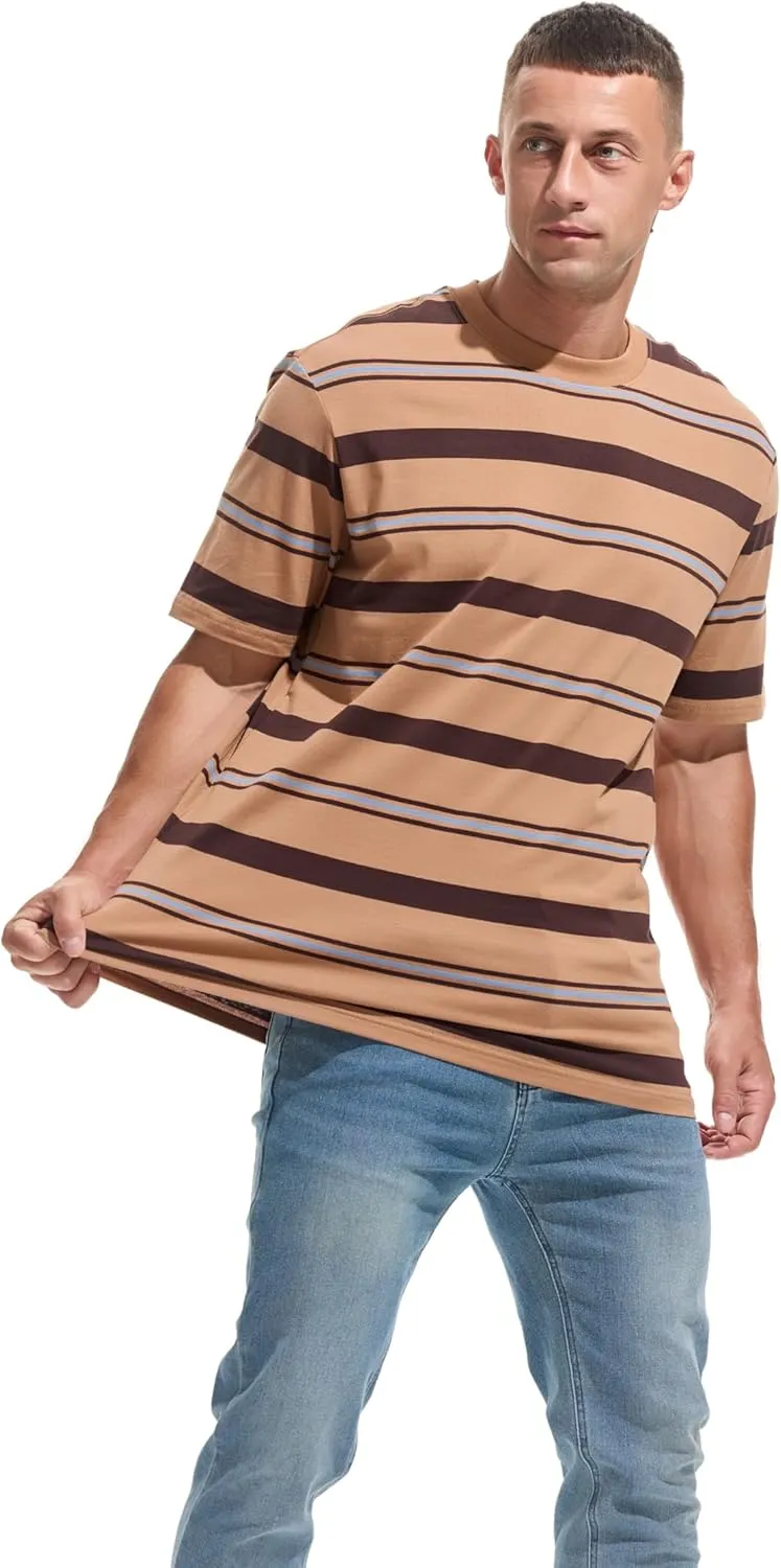KLIEGOU Men's Fashion Loose Fit Crewneck Stripe T-Shirt