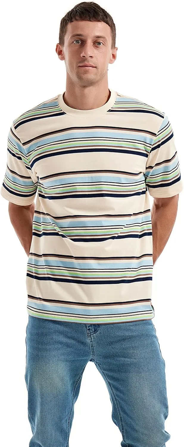 KLIEGOU Men's Fashion Loose Fit Crewneck Stripe T-Shirt