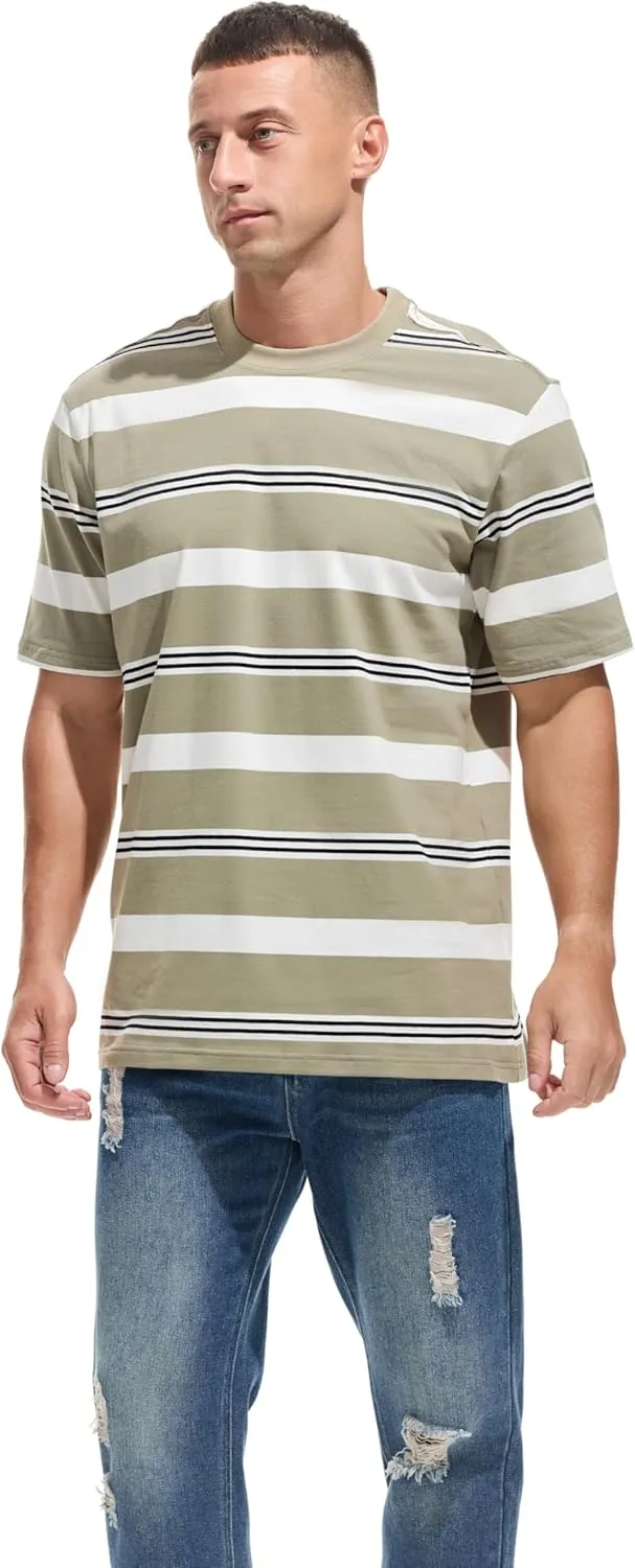 KLIEGOU Men's Fashion Loose Fit Crewneck Stripe T-Shirt