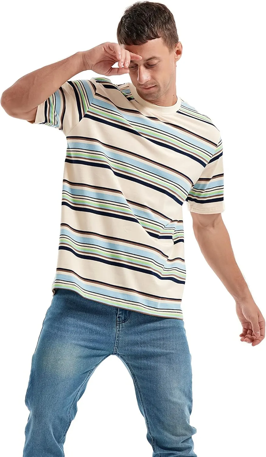 KLIEGOU Men's Fashion Loose Fit Crewneck Stripe T-Shirt