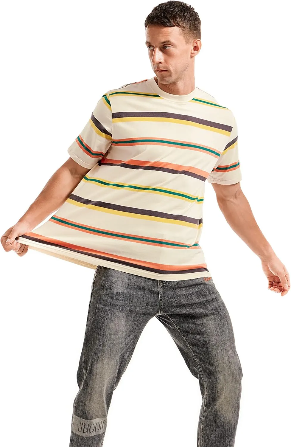 KLIEGOU Men's Fashion Loose Fit Crewneck Stripe T-Shirt
