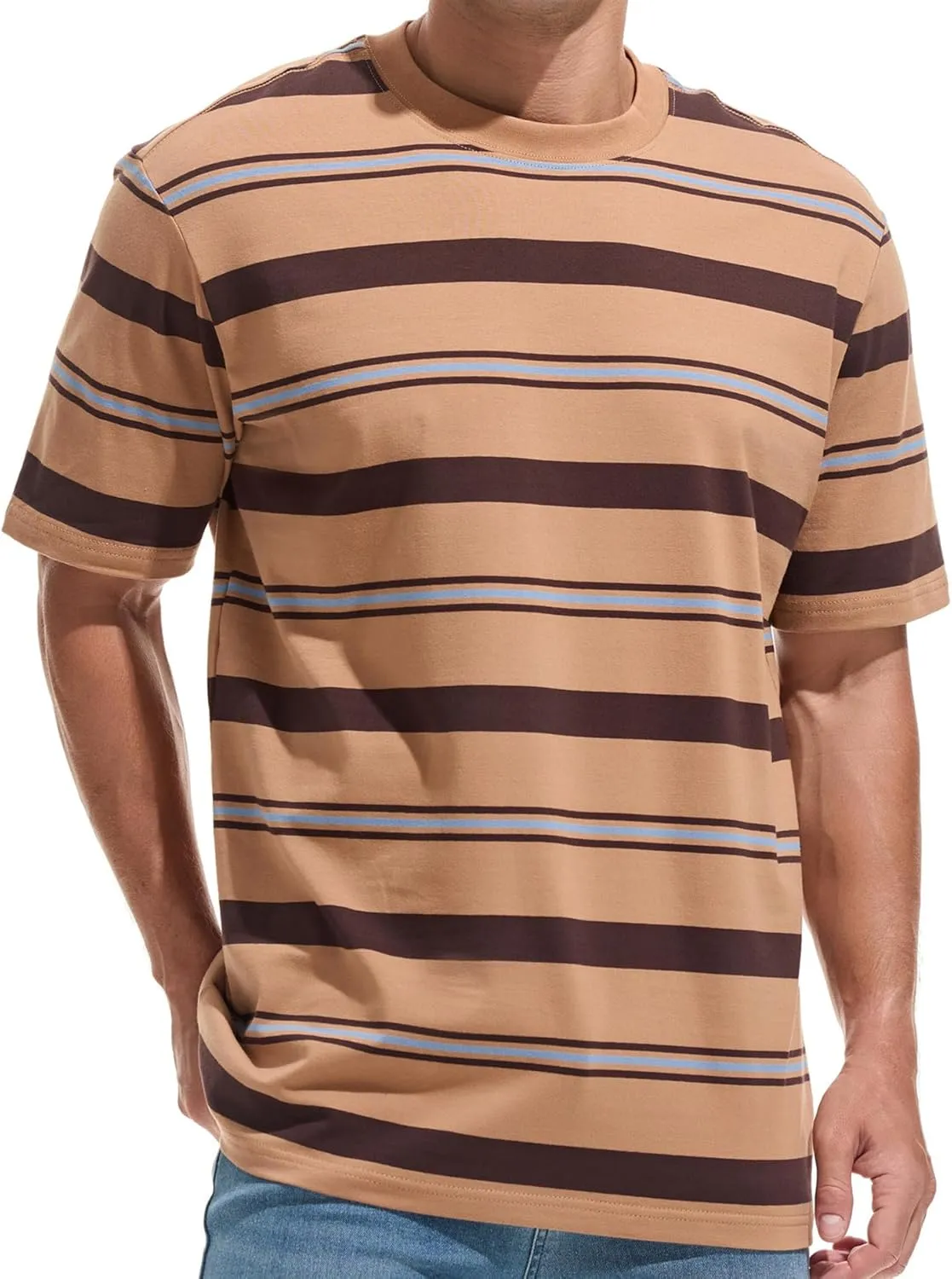 KLIEGOU Men's Fashion Loose Fit Crewneck Stripe T-Shirt