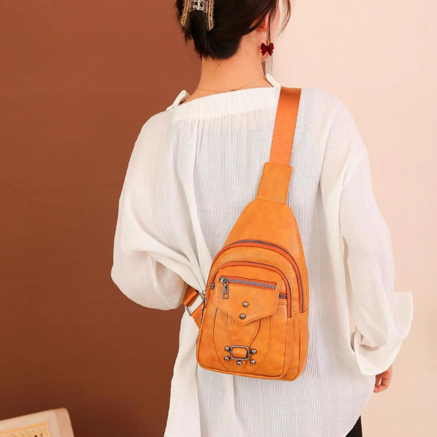 Ladies Chest Bags Soft Leather Feeling Crossbody Bags Large Capacity Simple Retro Shoulder Bag Mini (Yellow, One Size)