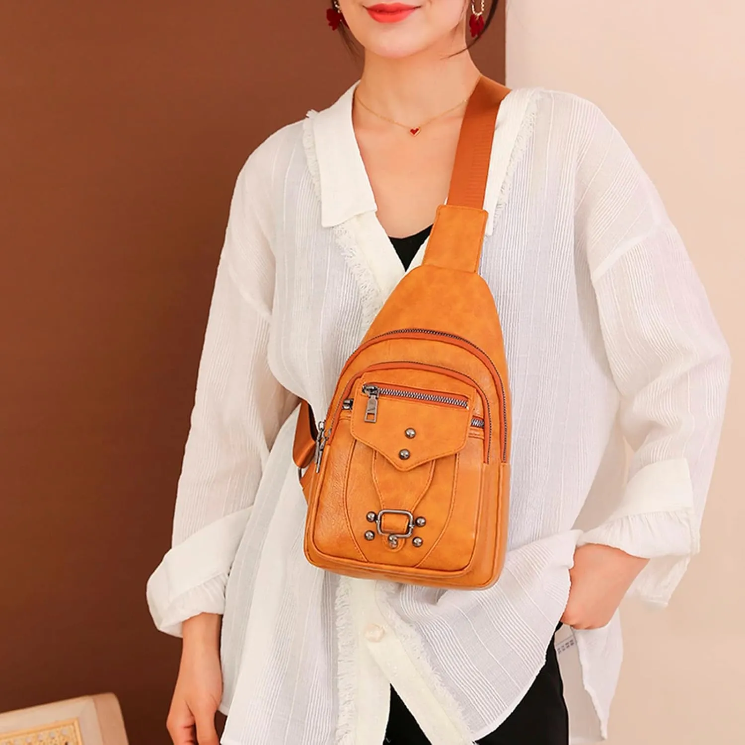 Ladies Chest Bags Soft Leather Feeling Crossbody Bags Large Capacity Simple Retro Shoulder Bag Mini (Yellow, One Size)